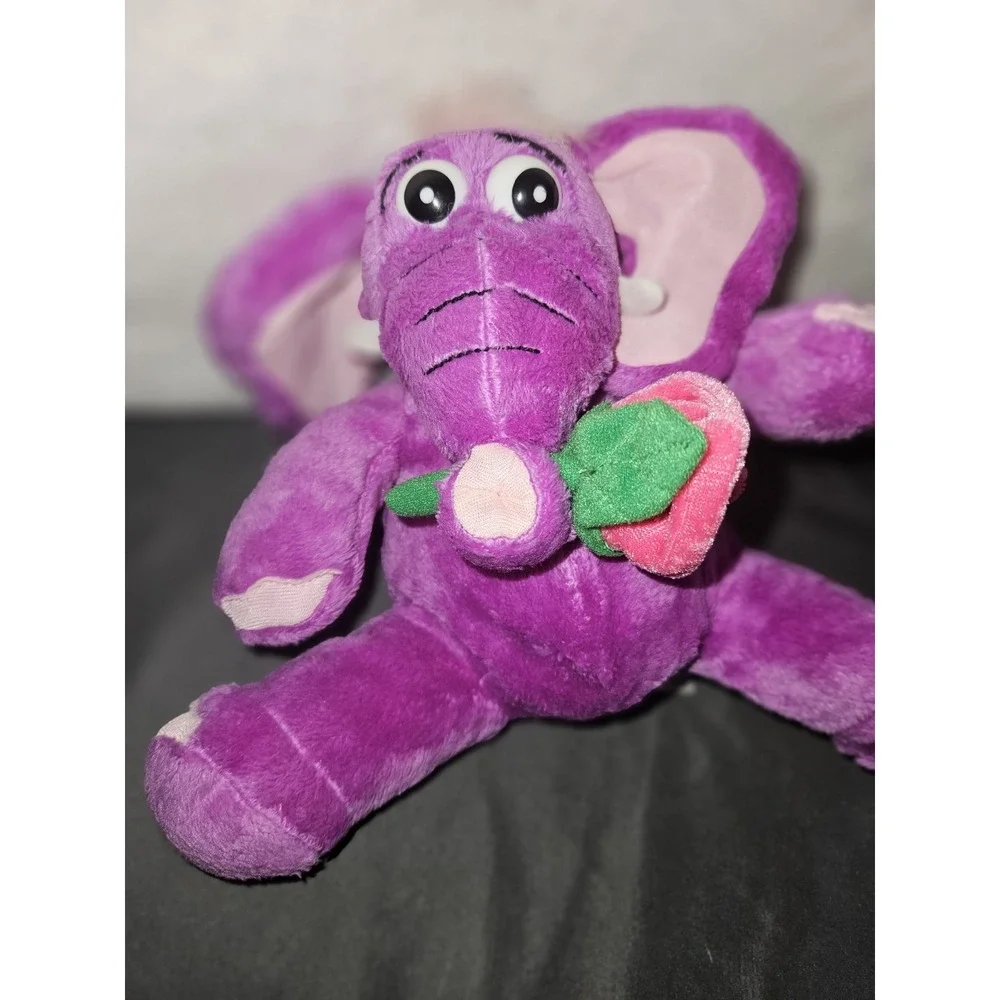Vintage Purple Elephant Plush Holding Pink Rose Stuffed Animal Soft Toy